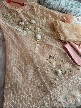 Embroidered Peach Party Pakistani dress  with Dupatta